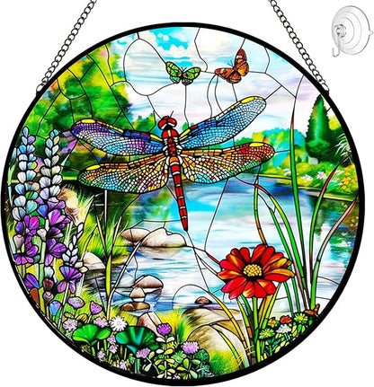 Dragonfly Suncatcher Stained Glass Window Hanging - 8″ Handmade Butterfly Wildflowers Suncatchers for Windows Hanging - Sun Catchers Indoor Wall Decor Glass Art Panel Mothers Day for Mom Grandma Gift
