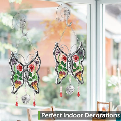 KY&BOSAM Butterfly Suncatcher Stained Glass Suncathers for Windows Hangings Wind Chime with Real Flower Wings and Meatl I Love You Mom Heart Charm for Mom Birthday Christmas Decor
