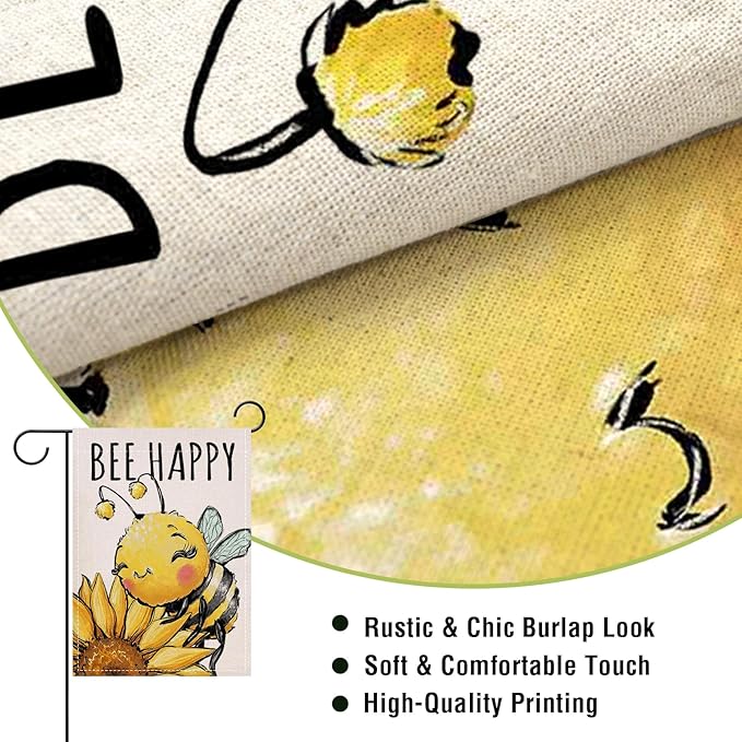 Artofy Spring Summer Bumble Bee Sunflower Small Decorative Garden Flag, Bee Happy Flower Floral Yard Lawn Outside Decor, Honeybee Seasonal Burlap Outdoor Home Decoration Double Sided 12 x 18