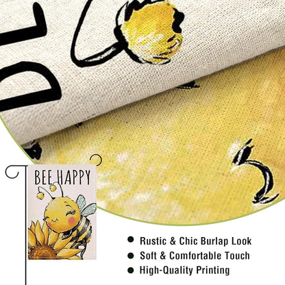 Artofy Spring Summer Bumble Bee Sunflower Small Decorative Garden Flag, Bee Happy Flower Floral Yard Lawn Outside Decor, Honeybee Seasonal Burlap Outdoor Home Decoration Double Sided 12 x 18