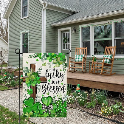 CROWNED BEAUTY St Patricks Day Garden Flag Shamrocks Clover Cross Blessed 12x18 Inch Double Sided Green Holiday Decoration for Outdoor Lawn Yard CF1931-12