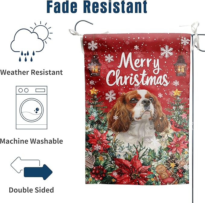Christmas Cavalier King Charles Spaniel Garden Flag Merry Christmas Dog Yard Flag for Outside Xmas Flags 12x18 Double Sided Red Poinsettia Garden Flags Winter Porch Decorations Outdoor