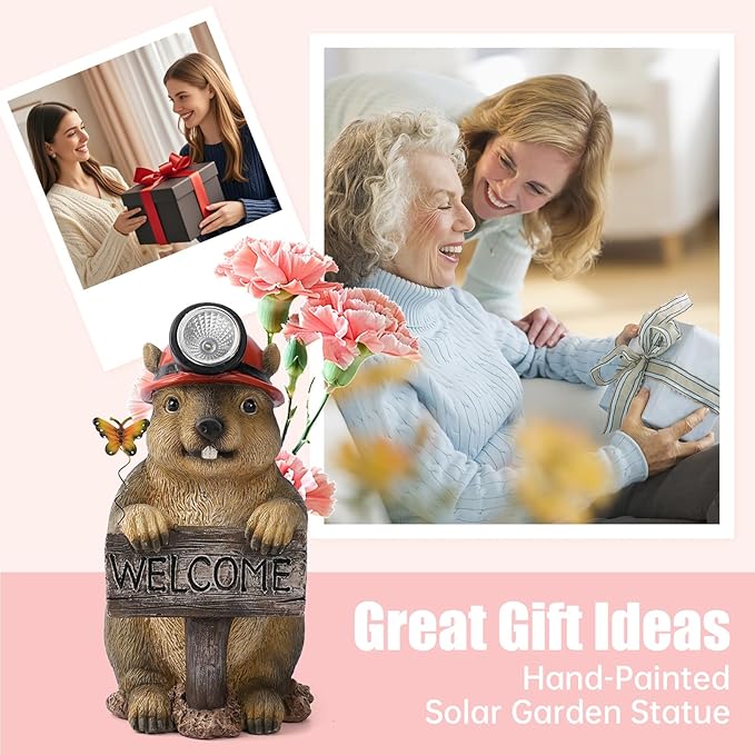 Groundhog Welcome Garden Statue with Solar Headlamp – Funny Animal Outdoor Yard Decor with LED Light and Butterfly – Waterproof Resin Garden Ornament for Patio, Lawn, Pathway