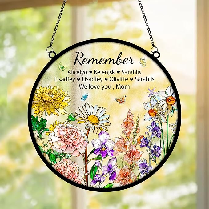 Personalized Mom Stained Glass Suncatcher, Custom Remember I Love You Window Hanging with Birth Month Flower, Mothers Day Christmas Birthday Gifts for Mom from Daughter Son (Style 03)