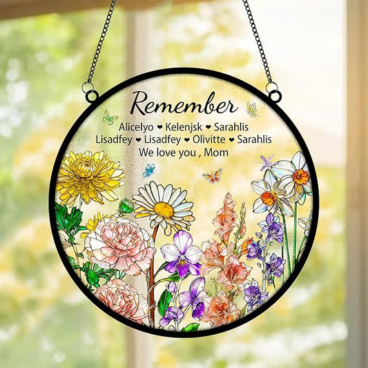 Personalized Mom Stained Glass Suncatcher, Custom Remember I Love You Window Hanging with Birth Month Flower, Mothers Day Christmas Birthday Gifts for Mom from Daughter Son (Style 03)