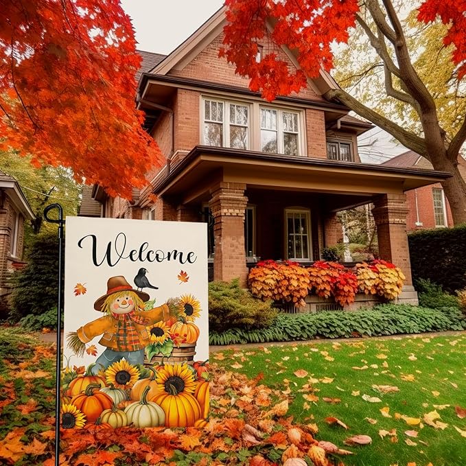 Fall Scarecrow Garden Flag Welcome Pumpkin Yard Flag Auttumn Suflower Bird Maple Leaves Garden Flags Thanksgiving Seasonal Farmhouse Rustic House Banner for Outside Patio Decor 12 x 18 Inch