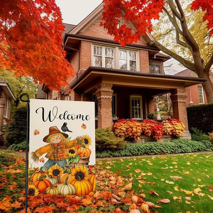 Fall Scarecrow Garden Flag Welcome Pumpkin Yard Flag Auttumn Suflower Bird Maple Leaves Garden Flags Thanksgiving Seasonal Farmhouse Rustic House Banner for Outside Patio Decor 12 x 18 Inch
