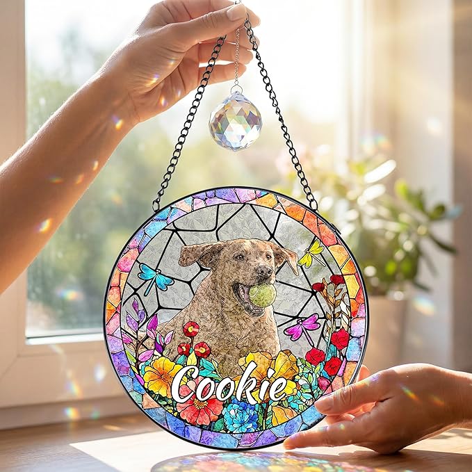 Personalized Pet Stained Glass Suncatcher, Dog Memorial Window Hanging, Sympathy Bereavement Potrait Photo Gift for Loss of Pet, Remembrance Gift for Dog Cat Lovers