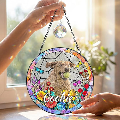 Personalized Pet Stained Glass Suncatcher, Dog Memorial Window Hanging, Sympathy Bereavement Potrait Photo Gift for Loss of Pet, Remembrance Gift for Dog Cat Lovers