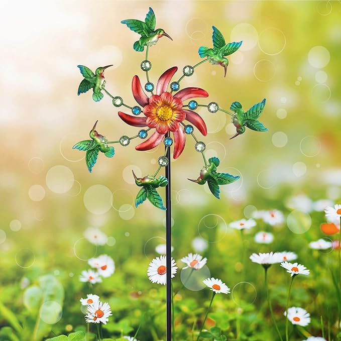 COOZZYHOUR 39" Hummingbird Wind Spinner for Yard and Garden Stake,Outdoor Metal Windmill Single Direction Wind Sculptures Kinetic Windmills for Yard Garden Decorations