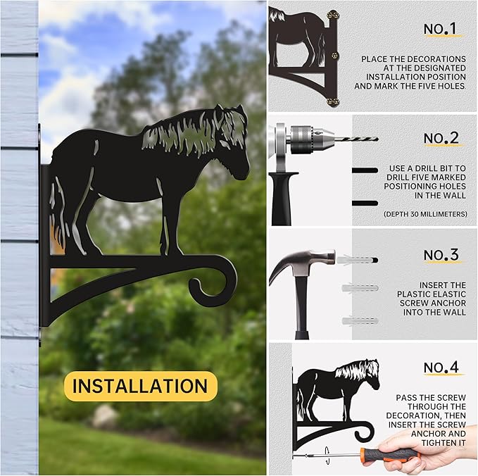 Pony Silhouette Plant Hanger Hook for Outdoor Indoor Hanging Plant Flower Fern Pot Lantern Bird Feeder- Rustic Country-Style Pony Decor,(8.27"x9.84", Black)