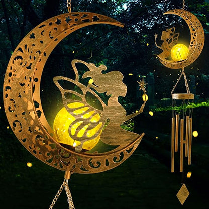 Fairy Moon Solar Light Wind Chimes for Outside for Women Mother Grandma Wife Birthday Gift Crackle Glass Ball Windchimes Gardening Gifts for Outdoor Patio Decor Yard Porch Decorations