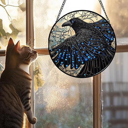 Stained Glass Window Hanging - Black Crow Big Wings Suncatcher for Doors Garden Patio Bird Sun Catchers Decor Christmas Mother's Day Birthday Gifts for Women Men Mom Nana Friend 7.8 in