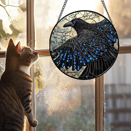 Stained Glass Window Hanging - Black Crow Big Wings Suncatcher for Doors Garden Patio Bird Sun Catchers Decor Christmas Mother's Day Birthday Gifts for Women Men Mom Nana Friend 7.8 in