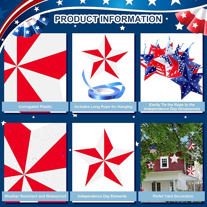 16 Pcs 4th of July Hanging Star Lawn Sign Star Patriotic Yard Signs Decorations Plastic Independence Day Garden Hanging Ornaments for Labor Day Veterans Day Memorial Day Home Garden Yard Tree Decor