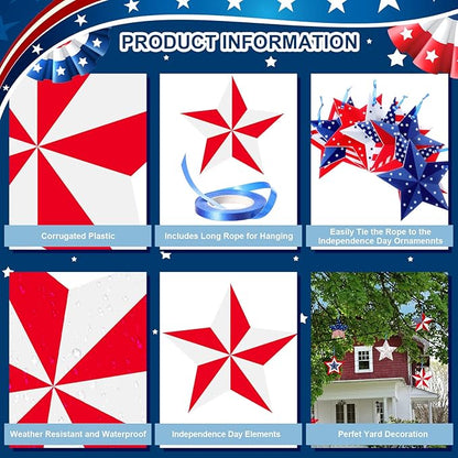 16 Pcs 4th of July Hanging Star Lawn Sign Star Patriotic Yard Signs Decorations Plastic Independence Day Garden Hanging Ornaments for Labor Day Veterans Day Memorial Day Home Garden Yard Tree Decor