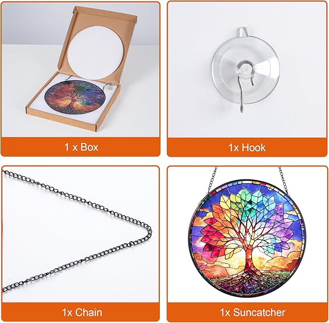 Stained Glass Window Hanging, Colorful Tree of Life Suncatcher 7.8 in Sun Catcher Boho Wall Art Decor with Chain Diamond Glass Panel Hangings Scenery Sun Catchers Decor for Lover Couple Mom