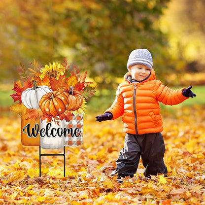JarThenaAMCS Thanksgiving Pumpkin Metal Garden Stakes Autumn Sunflower Pumpkin Vase Decorative Lawn Sign Fall Welcome Yard Sign for Home Outside Lawn Porch Decor