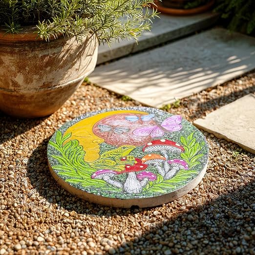 Hapjoy Stepping Stones Outdoor for Garden Moon Frog Mushroom Butterfly Decorative Stepping Stones Walkway Round Stone Garden Decor for Pathway Lawn (Green)