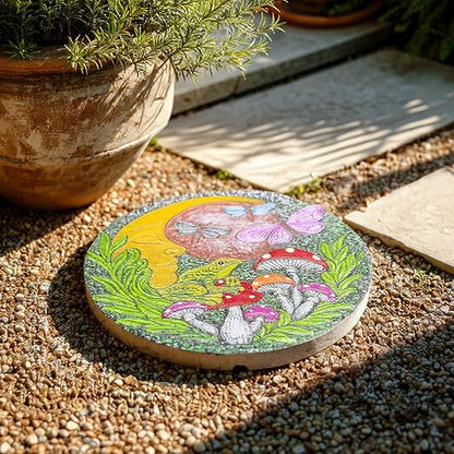Hapjoy Stepping Stones Outdoor for Garden Moon Frog Mushroom Butterfly Decorative Stepping Stones Walkway Round Stone Garden Decor for Pathway Lawn (Green)