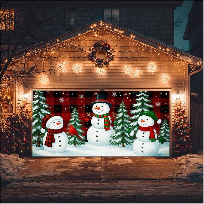 HOMETITUTE Christmas Garage Door Banner 13x6ft Winter Snowmen Buffalo Plaid Theme Backdrop Banners for Outside Indoor Winter Door Cover Garage Wall Covering for Party Garage Decorations