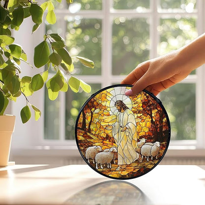 Christian Jesus and Lamb Suncatchers Stained Glass Window Hanging, Jesus Religious Sun Catchers Indoor Window Glass Round Wall Decor, Christian Wall Hanging Decorations, 7.9x7.9in
