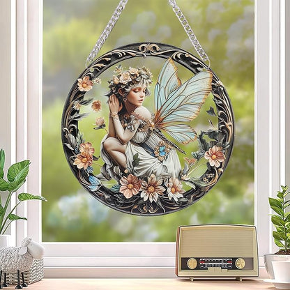 1PC Flower Fairy Acrylic Stained Glass Suncatcher Nature Round Flowers and Girls Suncatcher Hanging Decoration with Metal Chain-SunCatchers for Window Decor Outdoor Garden Decor Gift (B)