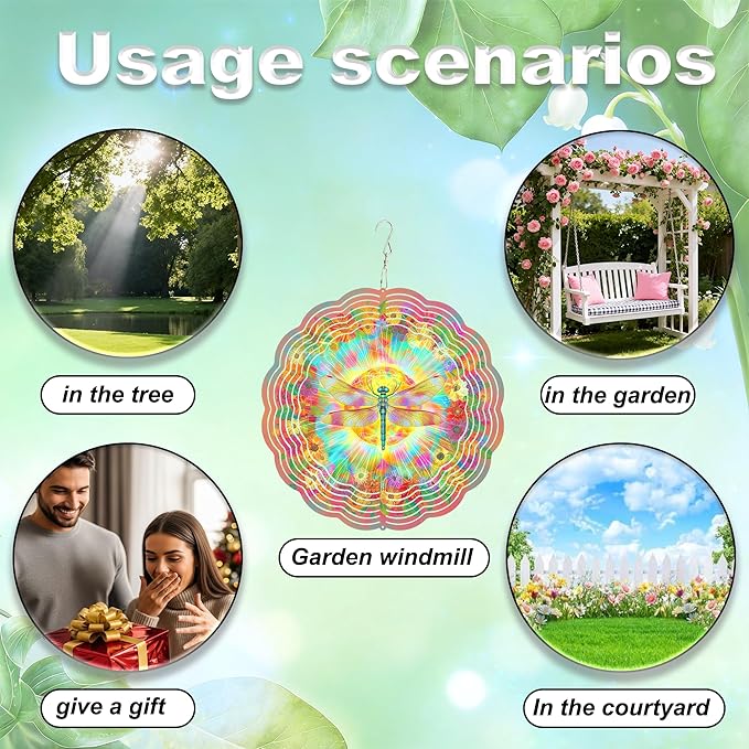 10x10 Inch Wind Spinner Outdoor Hanging Colorful Dragonfly Floral Sunburst Metal Kinetic Spiral Ornament for Yard Patio Porch Balcony Tree Window Gift