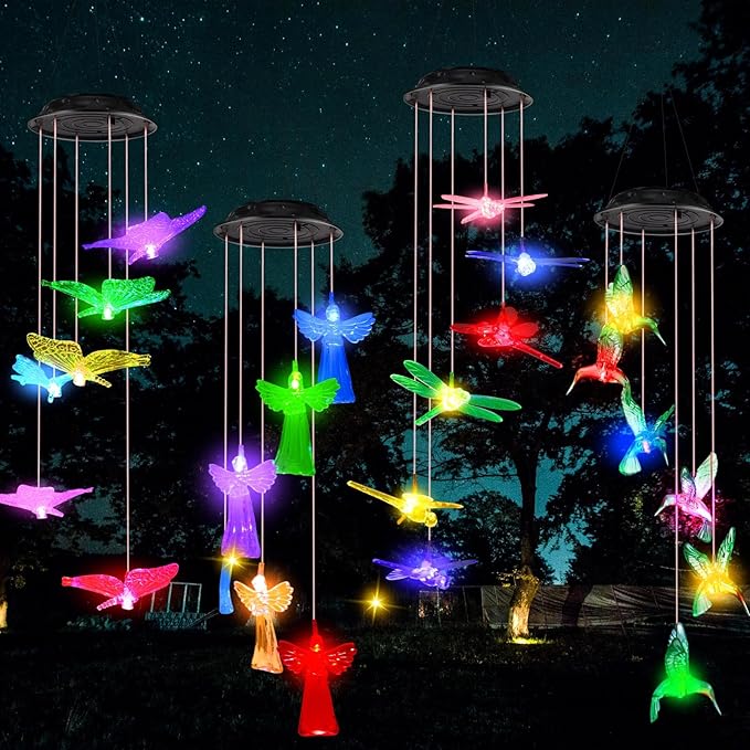 Baquler 4 Pcs Solar Wind Chimes for Outside Hummingbird Angel Butterfly Dragonfly Waterproof Hanging Solar Lights for Patio Garden Yard Porch Outside Gifts for Mom Grandma Women