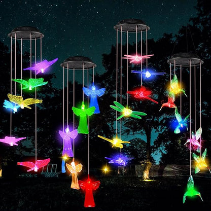 Baquler 4 Pcs Solar Wind Chimes for Outside Hummingbird Angel Butterfly Dragonfly Waterproof Hanging Solar Lights for Patio Garden Yard Porch Outside Gifts for Mom Grandma Women