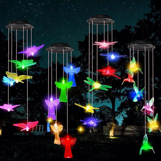 Baquler 4 Pcs Solar Wind Chimes for Outside Hummingbird Angel Butterfly Dragonfly Waterproof Hanging Solar Lights for Patio Garden Yard Porch Outside Gifts for Mom Grandma Women