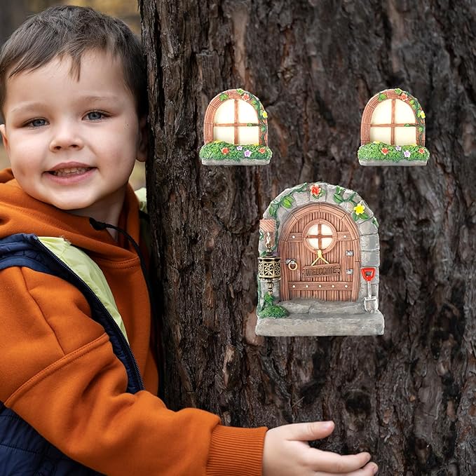 Exasinine 6 Pcs Fairy Door and Windows for Trees Glow in The Dark Fairy Doors Miniature Fairy Garden Accessories for Wall Tree Fairy Garden Outdoor Decor with Tree Stump, 2 Fairy Lanterns