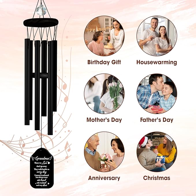 Crystal Sympathy Wind Chimes Loss of Grandma Black Memorial Remembrance Keepsake Grammy Gigi Nanny in Memory Condolence Gift for Family Fiends Funeral Garden Window Outdoor Hanging HW12-RB-GM