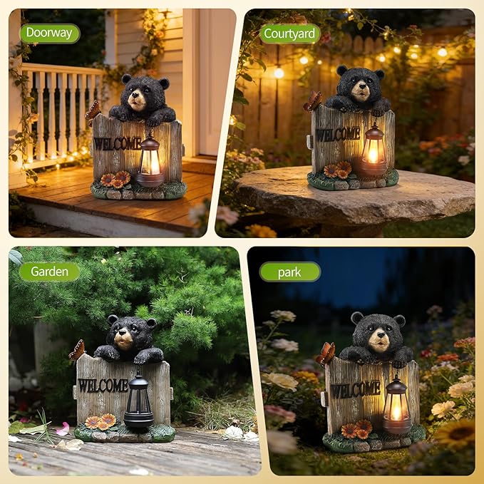 Solar Bear Garden Statue with Hanging Lantern Light, Resin Outdoor Welcome Sign Decor, Waterproof Solar Powered Garden Decoration for Yard, Lawn, Patio, 10.6"