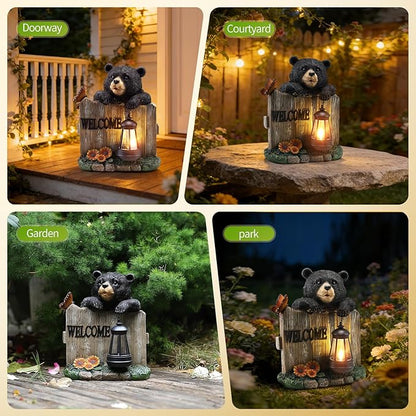 Solar Bear Garden Statue with Hanging Lantern Light, Resin Outdoor Welcome Sign Decor, Waterproof Solar Powered Garden Decoration for Yard, Lawn, Patio, 10.6"