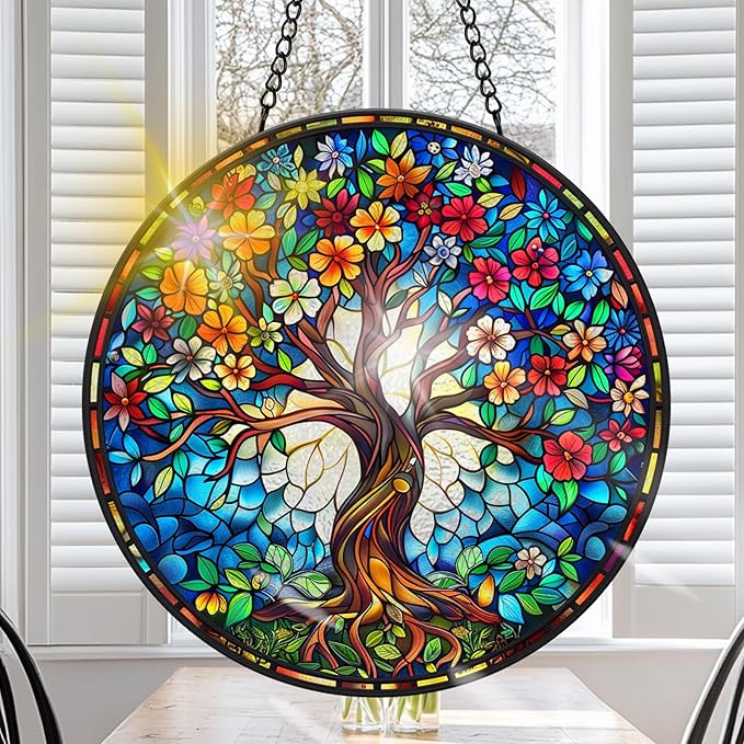 VAIIEYO Tree Sun Catcher Stained Glass Window Hanging Ornament, Handmade Sun Catcher Landscape Decoration with Hooks, Window Garden Home, Birthday Housewarming Gift 7.8 inch