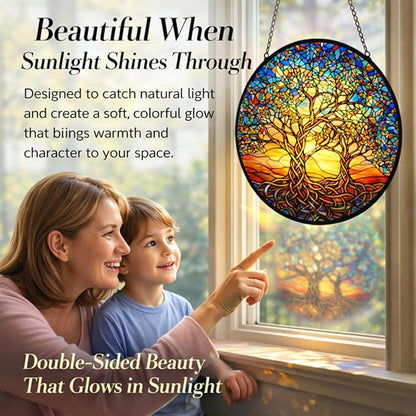 Celtic Tree of Life Suncatcher Window Hanging, 7.8" Stained Glass Decor, Symbolic Gift for Family and Loved Ones, Home Decor for Window, Wall, Living Room, Sunroom and Garden