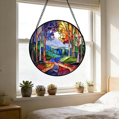 DASTOLL Stained Glass Window Hanging, Colorful Forest Landscape Tree Suncatcher for Doors Window Home Abstract Sun Catchers Decoration Mother's Day Birthday Gifts for Women, Men, and Mom 11.8 in