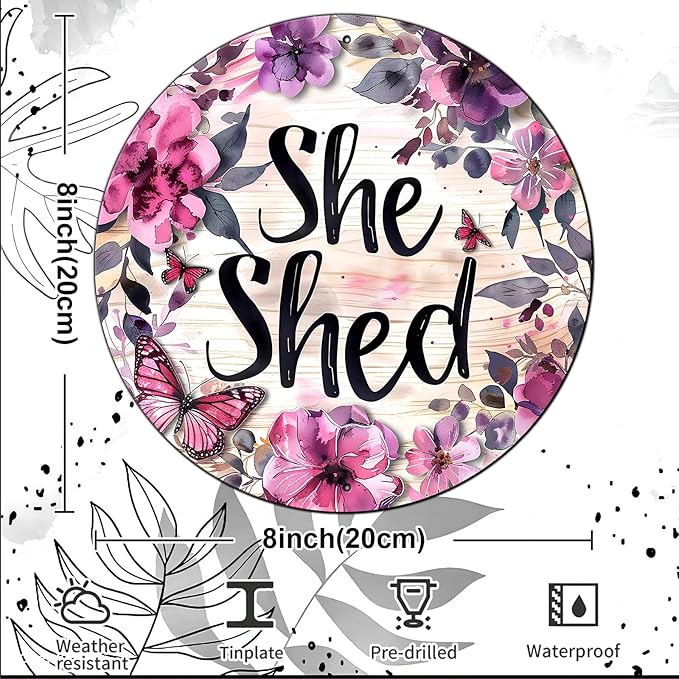 Vintage She Shed Round Metal Sign She Shed Decor Rustic Wreath Wall Decoration for Home Kitchen Garden Women Cave Indoor Outdoor Home Porch Window Decor 8 Inch