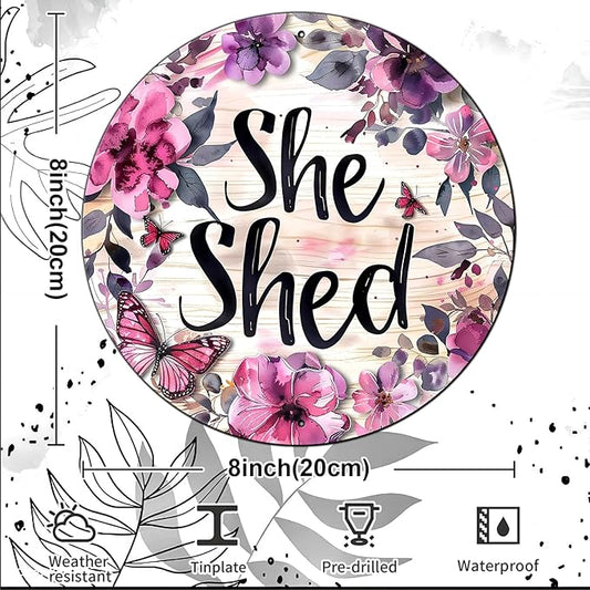 Vintage She Shed Round Metal Sign She Shed Decor Rustic Wreath Wall Decoration for Home Kitchen Garden Women Cave Indoor Outdoor Home Porch Window Decor 8 Inch