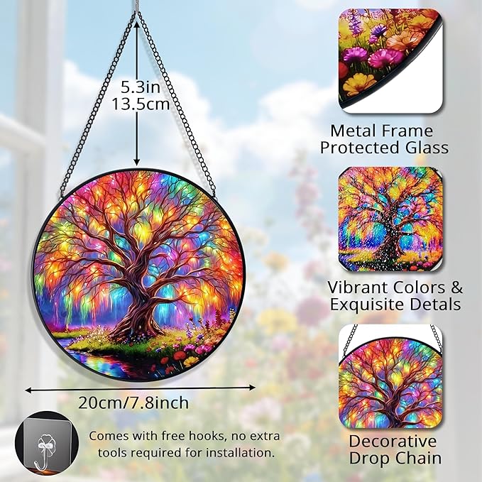 7.8 in Stained Glass Window Hanging, Magic Tree of Life Sun Catchers, Colorful Suncatcher for Home Decor, Decorative Boho Wall Art, Ideal Gift for Mom Grandma Aunt Wife Housewarming