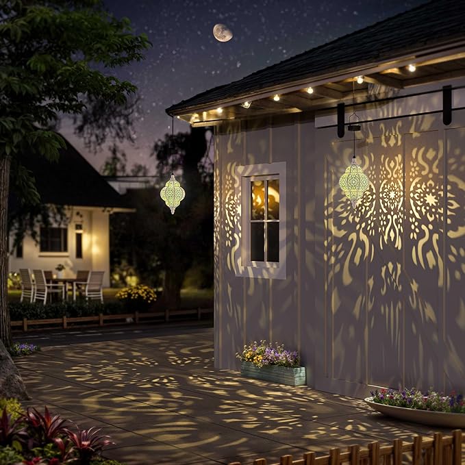 Hapjoy Hanging Solar Lights Outdoor Garden Decor Solar Lantern Waterproof Plastic Moroccan Outdoor Decorations for Patio Pathway Yard Backyard Garden Decorative (1, White)