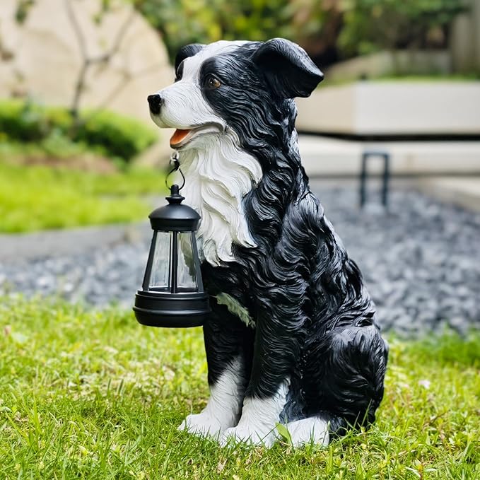 COWOS Solar Border Collie Dog Statue with Lantern, Resin Outdoor Garden Decor, Solar Powered LED Dog Sculpture for Patio Porch Yard