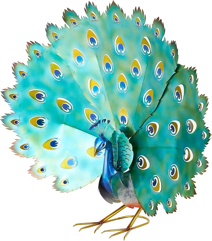 Deco 79 Metal Peacock Decorative Garden Sculpture Garden Statue with Gold Legs and Teal Wings, Outdoor Sculpture 38" x 11" x 33", Blue