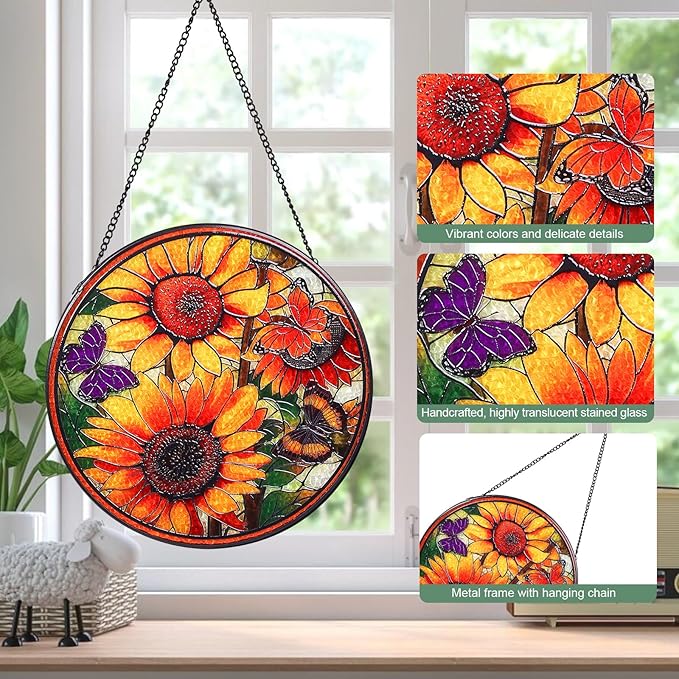 Sunflowers Stained Glass Window Hanging Suncatcher with Chain - 7.9" Outdoor/Indoor Art Decor for Home Garden, Wedding, Thanksgiving, Mother's, Valentine's & Christmas Ornaments Present