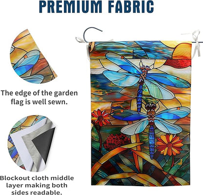 Stained Glass Dragonfly Garden Flag Spring Summer House Flag Fall Floral Decorative Yard Flags for Outside 28x40 Double Sided Large Seasonal Lawn Flags Rustic Outdoor Decor