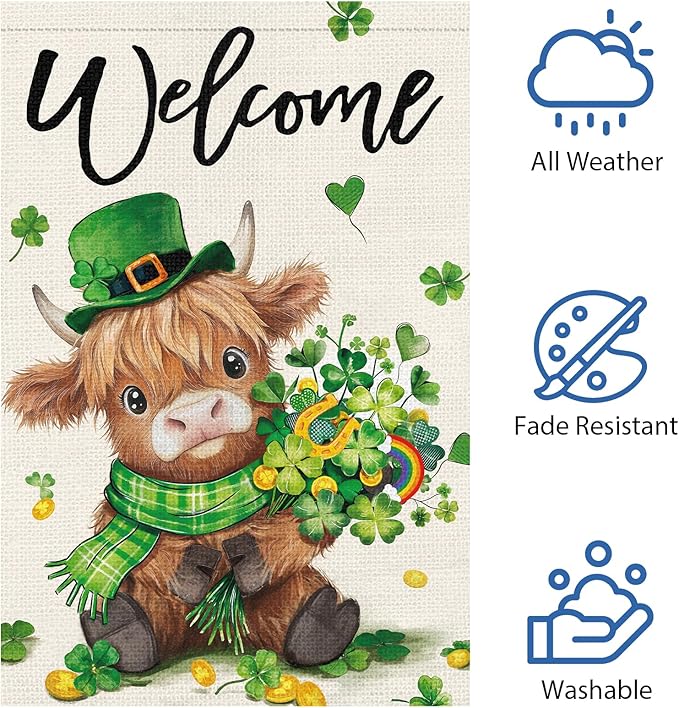 Heyfibro Welcome St. Patrick's Day Garden Flag 28x40 Double Sided Burlap, Highland Cow with Shamrock Bouquet & Green Plaid Scarf Yard Flag for Spring Seasonal Irish Farmhouse Outdoor Decor(ONLY FLAG)