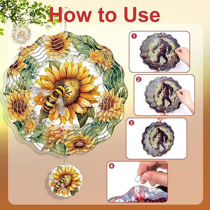 Rngmsi Wind Spinners Outdoor Garden Decor for Outside, 3D Metal Sunflower and Bee Wind Spinner Hanging Decor Kinetic Art for Yard, 12 in Stainless Steel Hanging Gifts for Women Housewarming