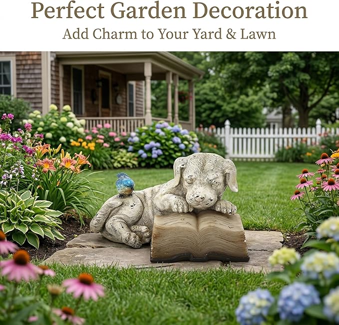 Topadorn Resin Dog Statue Solar Power Outdoor Statuary Cute Puppy for Garden Decoration, Dog Read a Book