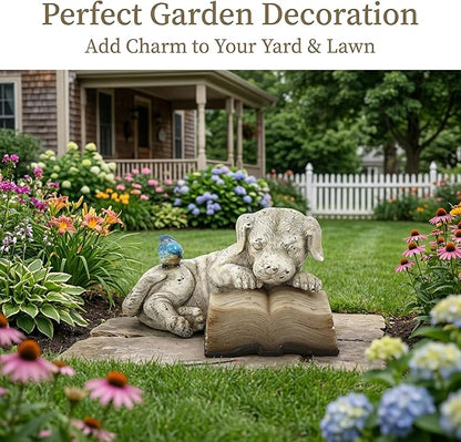 Topadorn Resin Dog Statue Solar Power Outdoor Statuary Cute Puppy for Garden Decoration, Dog Read a Book